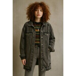 Highway Jeans Denim Black Jacket Women Size Large Distressed Oversized Long Coat